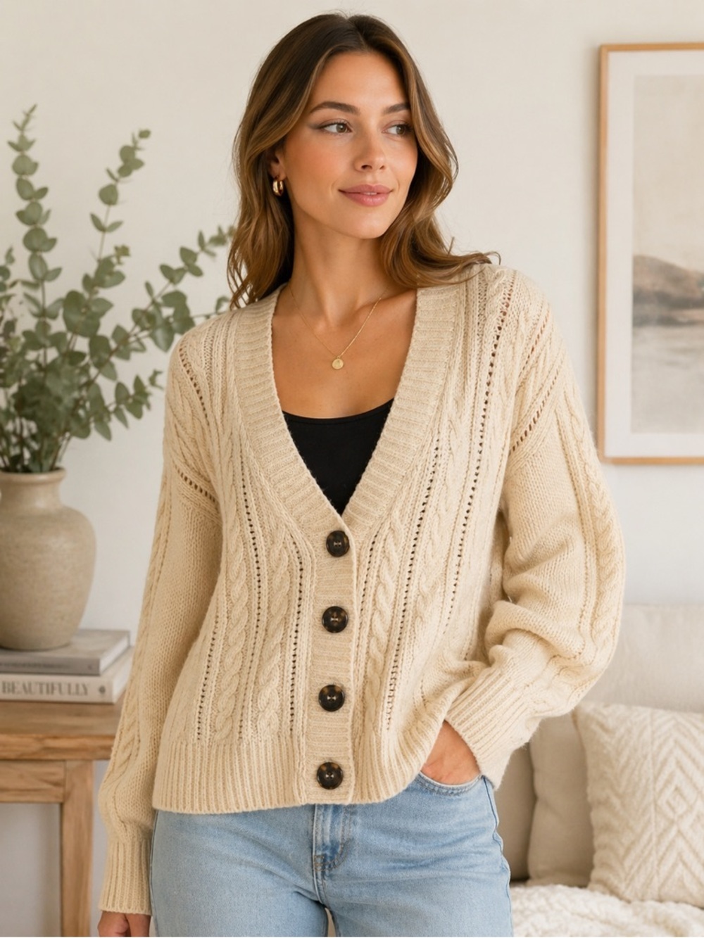 Elie Tahari Cream Cable Knit Button Cardigan Medium